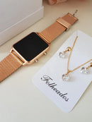 Relógio Feminino Digital Quadrado + Colar e Brinco Folheadas   - Pacheco Express - Últimas Unidades 🔥