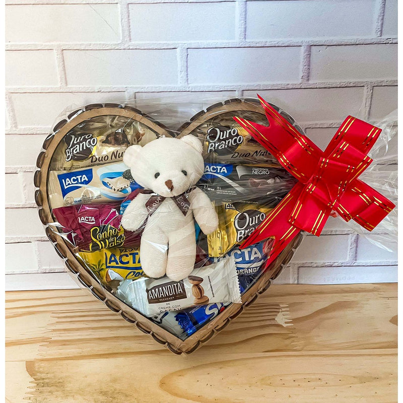 Cesta de Chocolate Coração Mini teddy