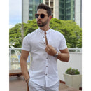 Camisa Masculina Gola Padre Social Casual Linho Algodão Manga Curta Longa Moda Luxo