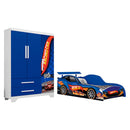 Kit Quarto Infantil Carro Azul Cama com Grade e Guarda-Roupa MDF