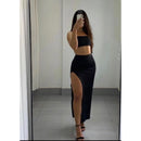 Conjunto Olívia saia longa com fenda e cropped suplex / Canelado