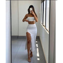 Conjunto Olívia saia longa com fenda e cropped suplex / Canelado